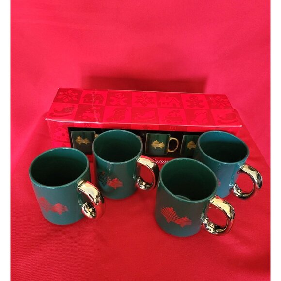 Vintage Christmas Mugs Celebrate the Season Gold Decal Green Set of Four - Picture 3 of 12